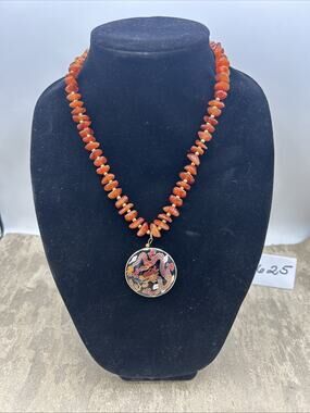 VTG CHINESE CARNELIAN CLOISONNE DOUBLE SIDED DRAGON PENDANT NECKLACE